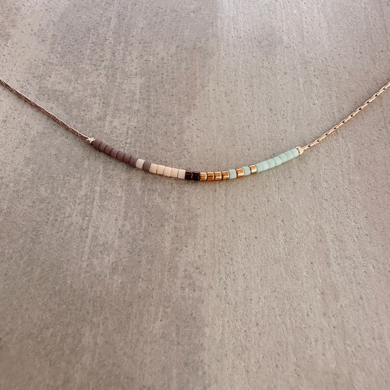 Rose Gold Dainty Chain Necklace, Mint Minimalist Delicate Multicolor Tiny Bead Necklace, Thin Layering Boho Gift for Her image 1