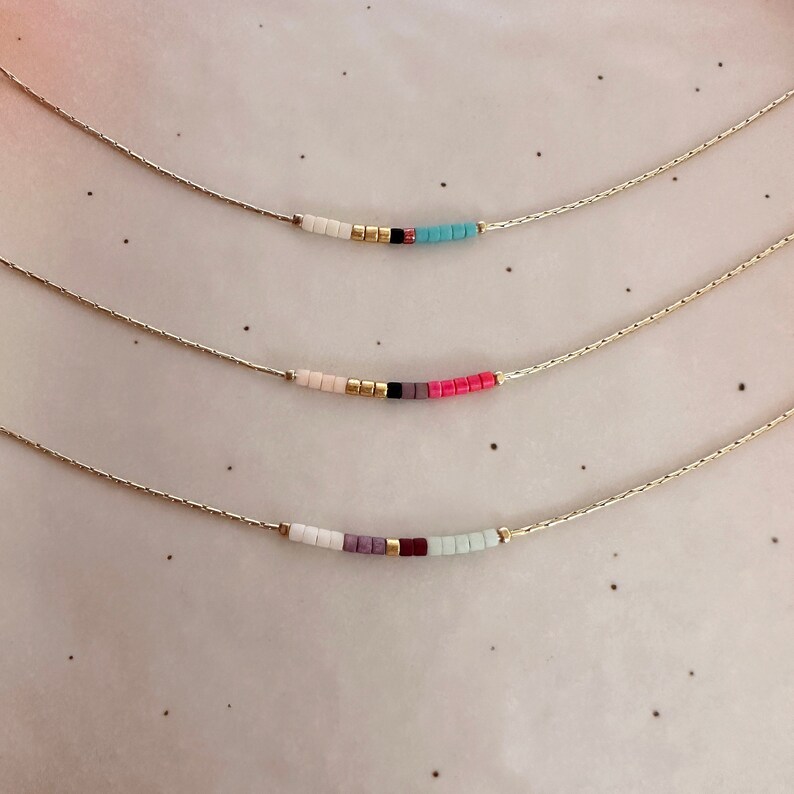 Minimalist Gold Delicate Necklace with Tiny Beads, Dainty Thin Short Layering Necklace, Colorful & Simple Beaded Boho Gift for Her image 6