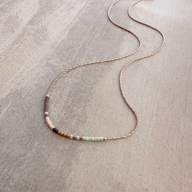 Rose Gold Dainty Chain Necklace, Mint Minimalist Delicate Multicolor Tiny Bead Necklace, Thin Layering Boho Gift for Her image 5