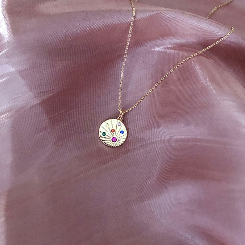Multicolor CZ Gold Medal Necklace Boho Coin Layering Medallion Necklace Bohemian Engraved Pendant Charm Necklace Gift for Her