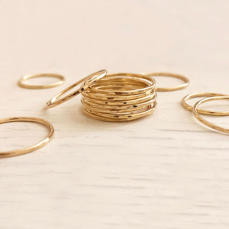 Thin Dainty Gold Hammered Ring, Stackable Simple Delicate Ring for Her, Textured Minimalist Everyday Band Stacking Ring image 2