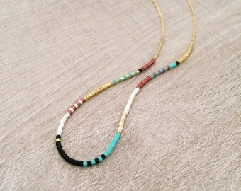 Dainty Beaded Multicolor Necklace, Boho Minimalist Layering Jewelry, Colorful Short Summer Turquoise Necklace