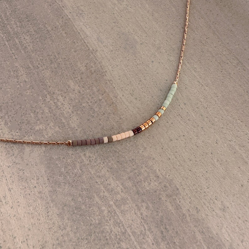 Rose Gold Dainty Chain Necklace, Mint Minimalist Delicate Multicolor Tiny Bead Necklace, Thin Layering Boho Gift for Her image 2