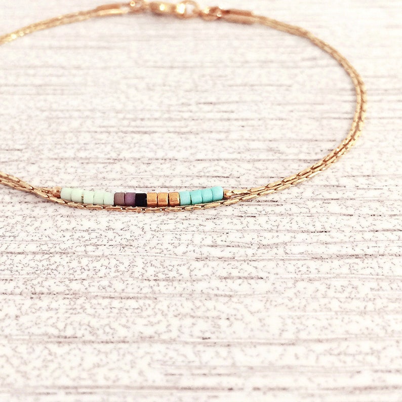 Minimalist Rose Gold Bracelet Mint & Turquoise Beads, Delicate Dainty Beaded Bracelet, Multicolor Boho Friendship Bracelet, Best Friend Gift Bild 4