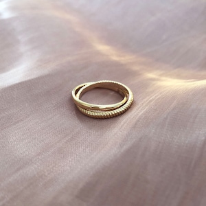 Gold Double Twin Rings, Two Interlocked Connected Dainty Rings, Stackable Interlocking Simple Ring for Her, Overlapping Stacking Ring Set image 3