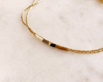 Minimalist Dainty Boho Bracelet with White & Brown Beads, Thin Gold Beaded Chain Bracelet, Multicolor Boho Friendship Bracelet