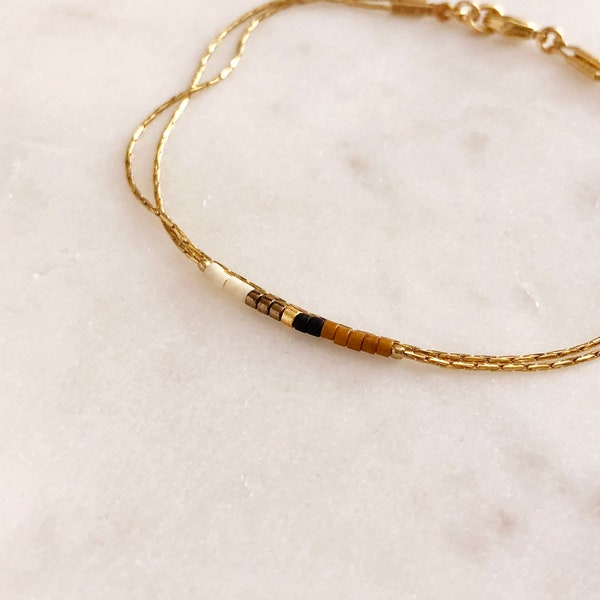 Minimalist Dainty Boho Bracelet with White & Brown Beads, Thin Gold Beaded Chain Bracelet, Multicolor Boho Friendship Bracelet