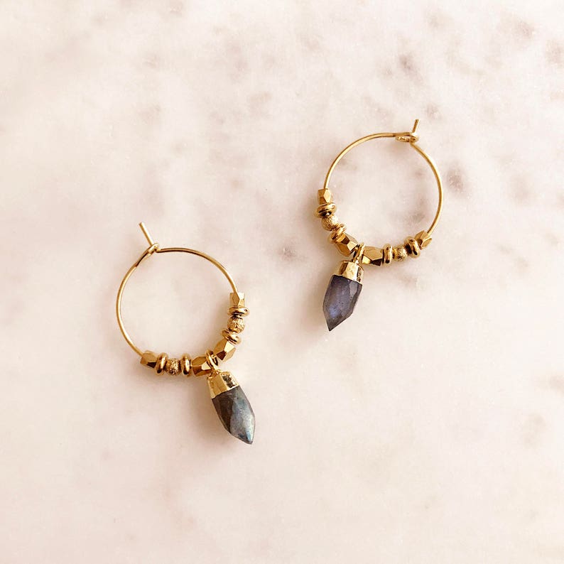Labradorite Gold Hoop Earrings, Boho Grey Blue & Green Gemstone Round Earrings, Bohemian Trendy Hoops Modern Earrings with Gem Stones image 1