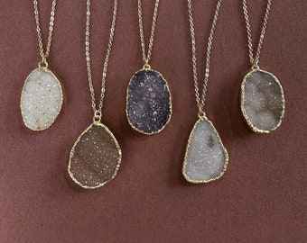 Collier Agate Druzy Dorée, Pierre Semi-Précieuse Gemme Naturelle