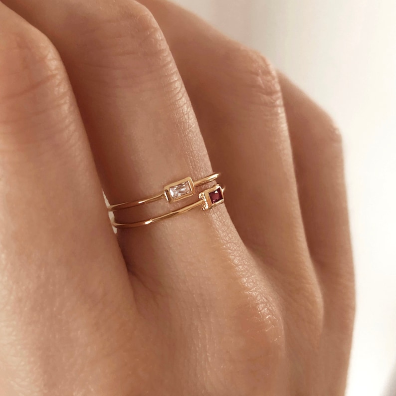 Thin Dainty Gold Baguette Ring with Tiny Crystal, Sparkly Simple Delicate Ring for Her, Pink Stone Minimalist Elegant Gift for Her image 1