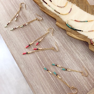 Gold Muticolor Beaded Chain Earrings, Boho Dainty Gift for Her, Minimalist Dangling Ear Rings