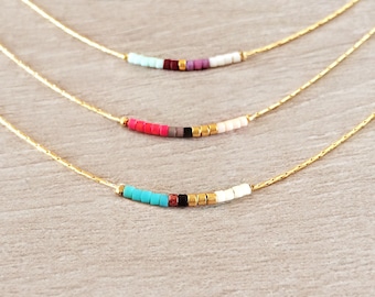 Minimalist Gold Delicate Necklace with Tiny Beads, Dainty Thin Short Layering Necklace, Colorful & Simple Beaded Boho Gift for Her