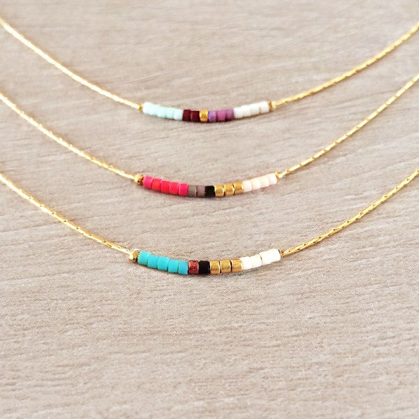 Minimalist Gold Delicate Necklace with Tiny Beads, Dainty Thin Short Layering Necklace, Colorful & Simple Beaded Boho Gift for Her