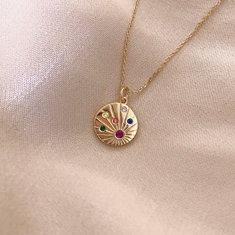 Multicolor CZ Gold Medal Necklace Boho Coin Layering Medallion Necklace Bohemian Engraved Pendant Charm Necklace Gift for Her