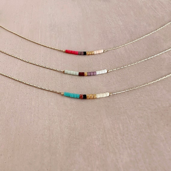 Minimalist Gold Delicate Necklace with Tiny Beads, Dainty Thin Short Layering Necklace, Colorful & Simple Beaded Boho Gift for Her