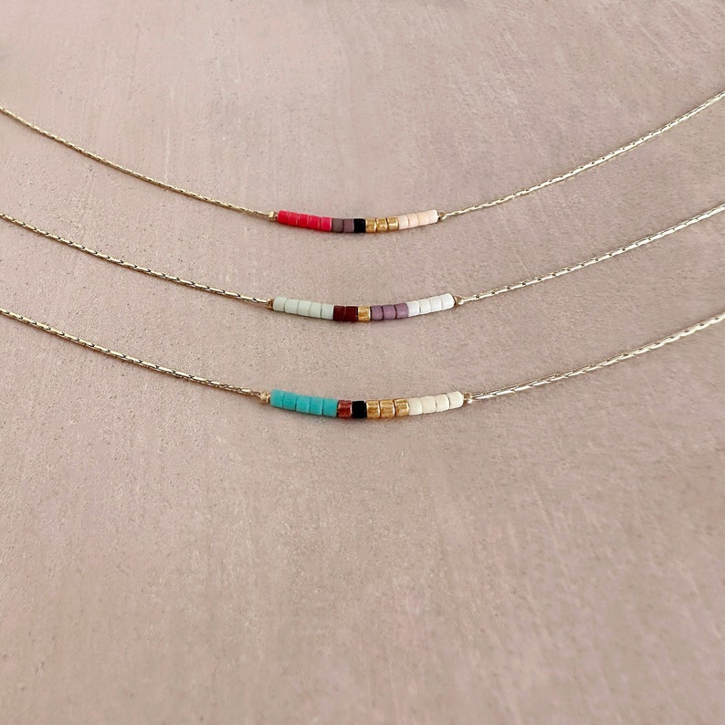Minimalist Gold Delicate Necklace with Tiny Beads, Dainty Thin Short Layering Necklace, Colorful & Simple Beaded Boho Gift for Her image 1