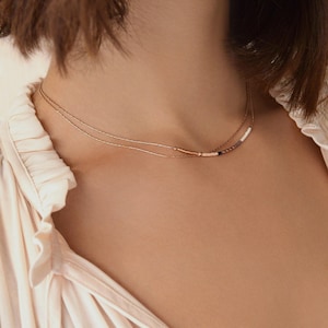 Rose Gold Dainty Double Chain Necklace, 24k Goldplated Bridal Minimalist Delicate Multicolor Beaded Necklace Layering Gift