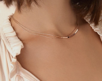 Rose Gold Dainty Double Chain Necklace, 24k Goldplated Bridal Minimalist Delicate Multicolor Beaded Necklace Layering Gift