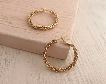 Gold Textured Twisted Hoops, Vintage Inspired Boho Round Hoop Earrings, Classic Creoles Gift for Her