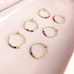 Minimalist Gold Multicolor Hoop Earrings, Elegant Dainty Gift for Her, Delicate Beaded Thin Earrings, Boho Minimal Gold Hoops