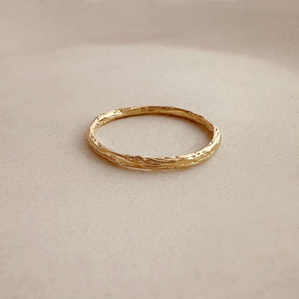 Dainty Textured Gold Band Ring, Boho Stacking Ring Gift for Her, Minimalist Stackable 24k Gold Plated Everyday Ring