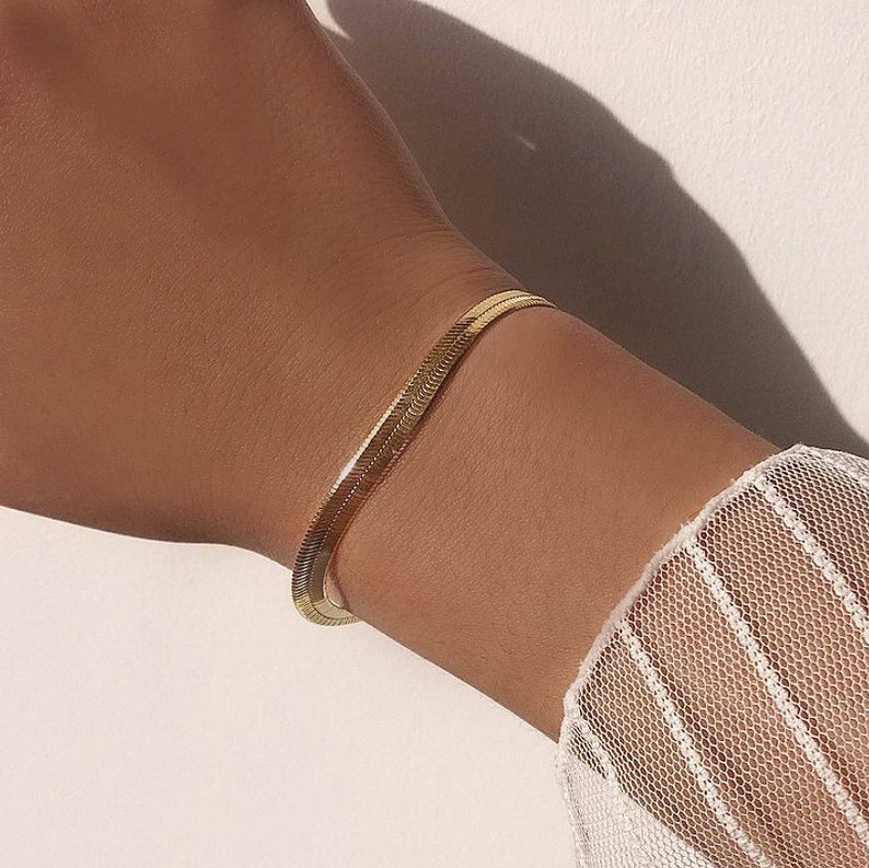 Gold Flat Chain Ribbon Bracelet, Second Skin Bracelet, Modern Elegant Boho Chain Bracelet Gift for Her image 3