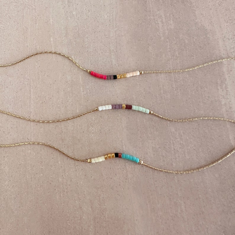 Minimalist Gold Delicate Necklace with Tiny Beads, Dainty Thin Short Layering Necklace, Colorful & Simple Beaded Boho Gift for Her image 4