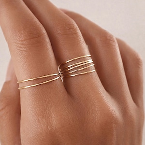 Thin Dainty Gold Hammered Ring, 24k Goldplated Stackable Simple Delicate Ring for Her, Textured Minimalist Everyday Band Stacking Ring