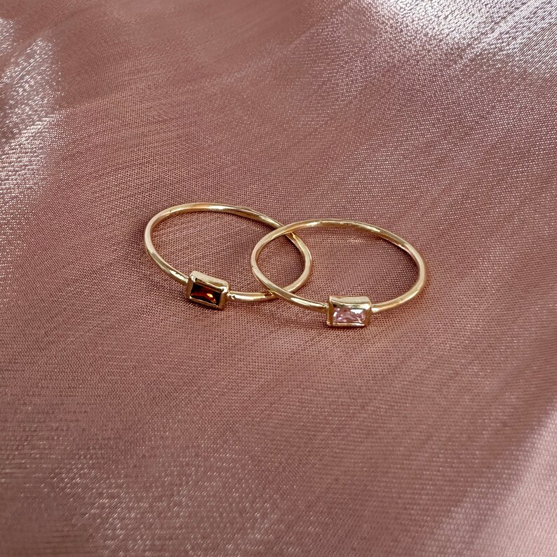 Thin Dainty Gold Baguette Ring with Tiny Crystal, Sparkly Simple Delicate Ring for Her, Pink Stone Minimalist Elegant Gift for Her image 6