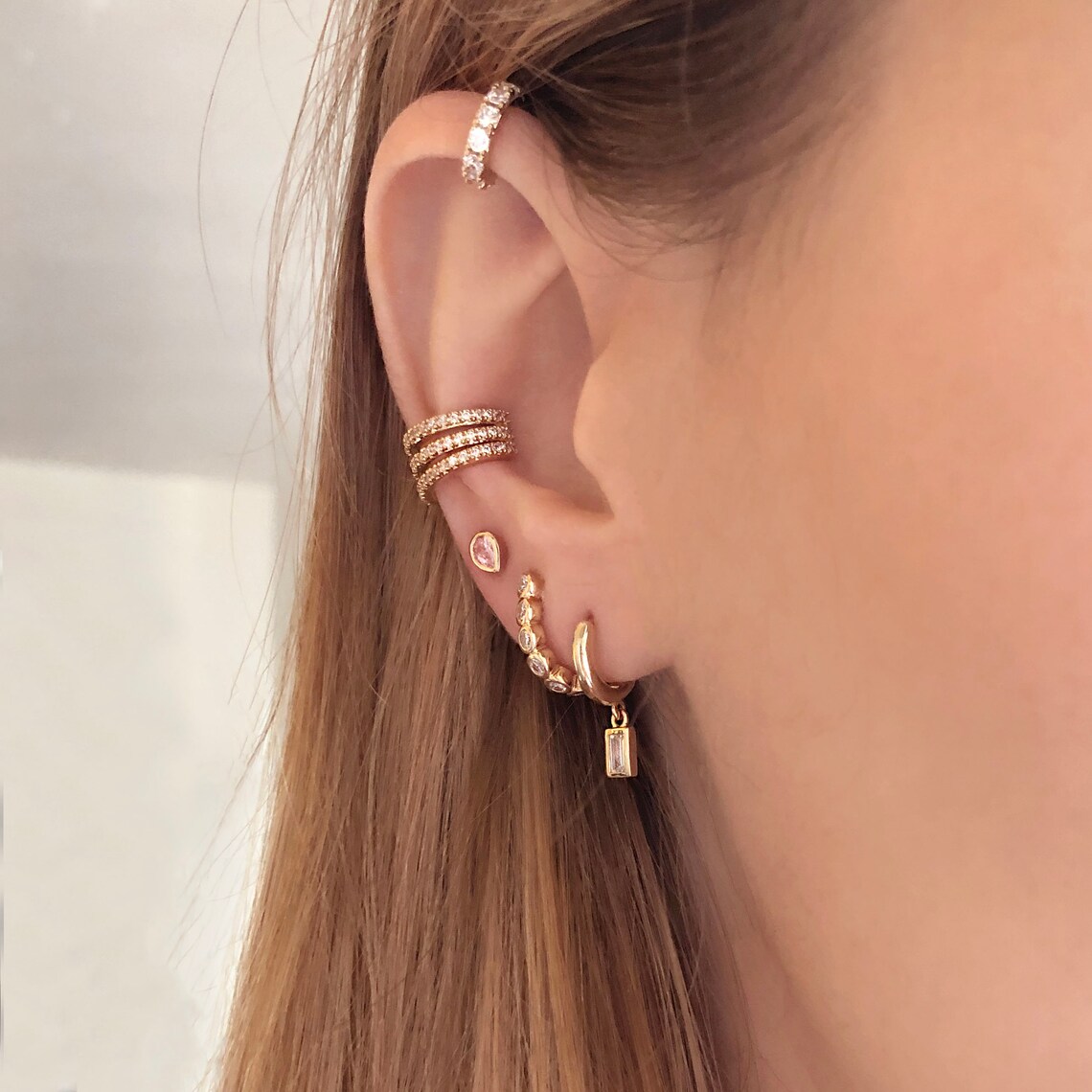 Half CZ Ear Lobe Cuff Edgy Boho Earrings Gold Dainty Zircon Etsy