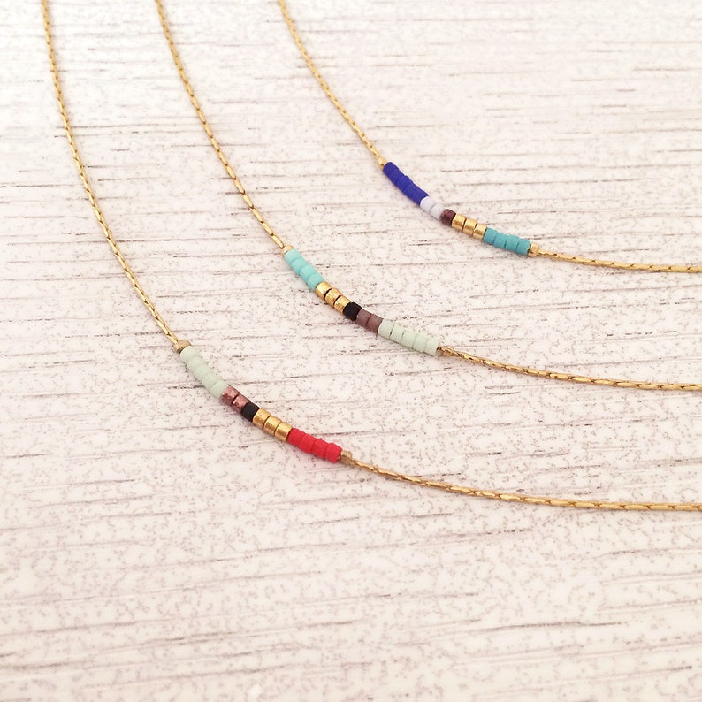 Gold Delicate Necklace with Tiny Colorful Beads / Minimalist | Etsy