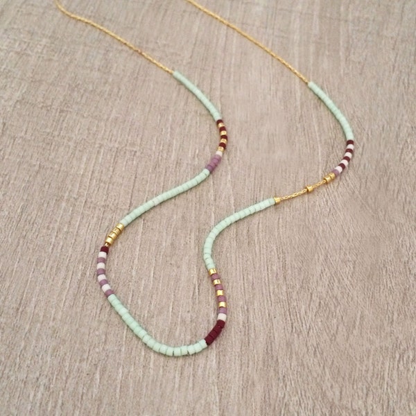 Dainty Beaded Multicolor Necklace, Mint Green Minimalist Layering Gold Chain Necklace, Colorful Boho Summer Necklace