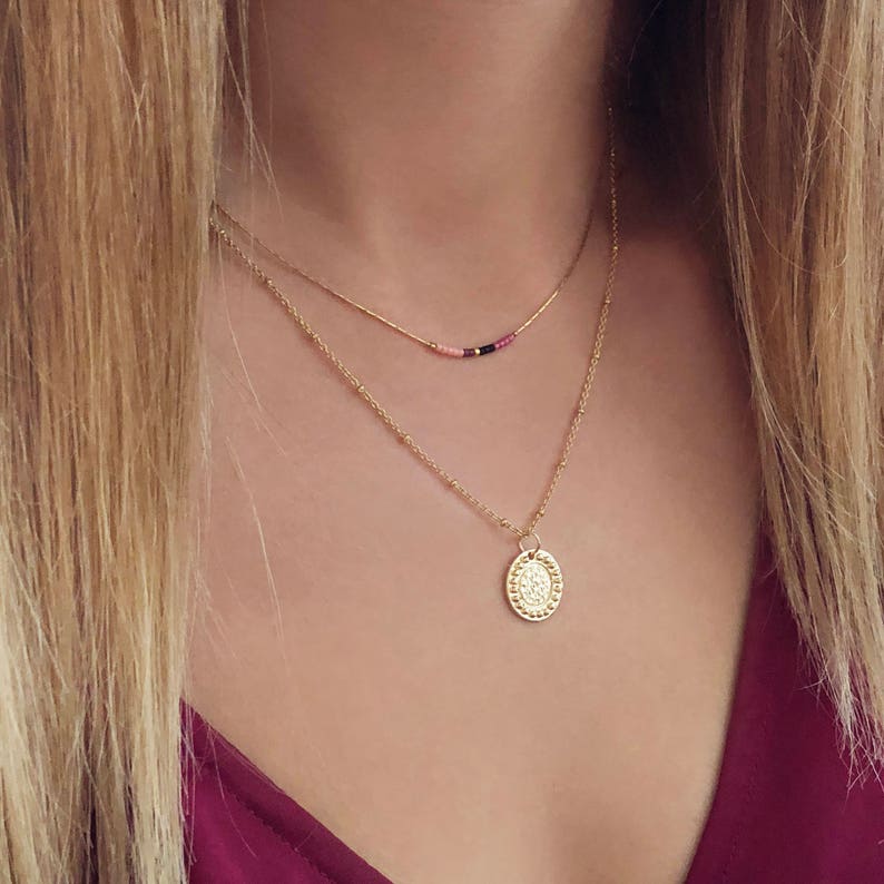 Thin Minimalist Gold Necklace with Tiny Beads, Delicate Dainty Short Layering Necklace, Colorful Simple Boho Necklace Lovely Gift for Her image 3