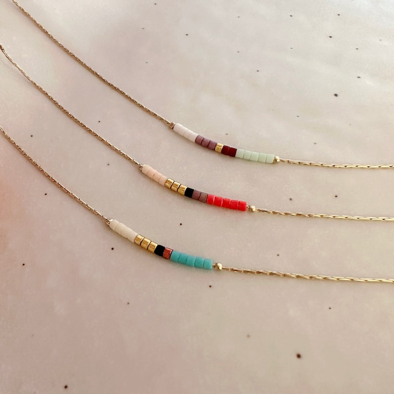 Minimalist Gold Delicate Necklace with Tiny Beads, Dainty Thin Short Layering Necklace, Colorful & Simple Beaded Boho Gift for Her image 2