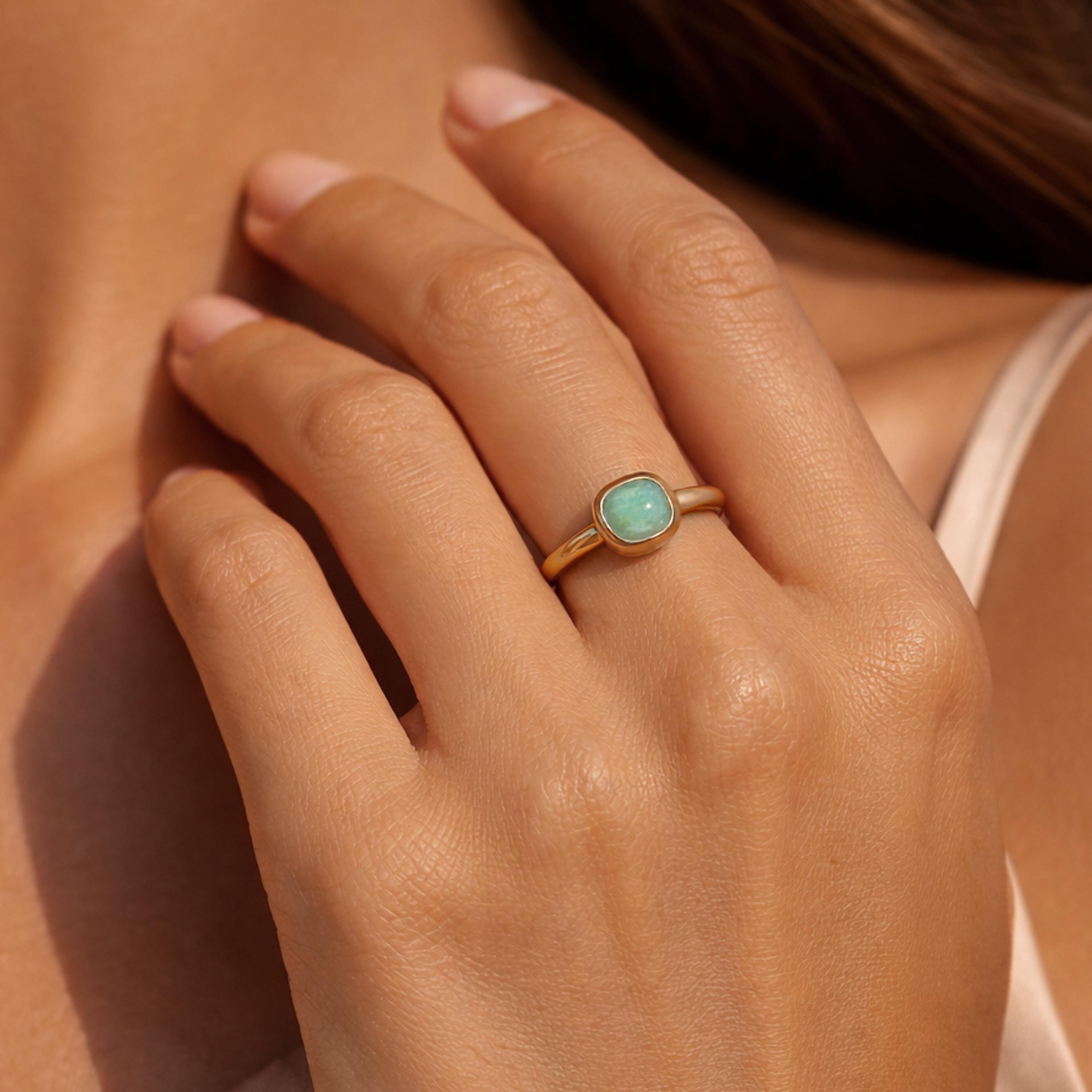 Gold Amazonite Stone Ring, Green Gemstone Boho Ring, May 