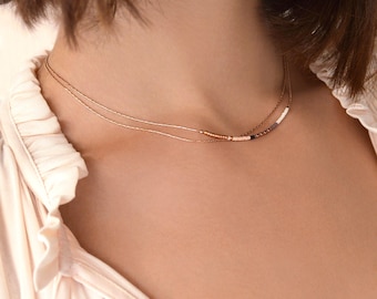 Rose Gold Dainty Double Chain Necklace, 24k Goldplated Bridal Minimalist Delicate Multicolor Beaded Necklace Layering Gift