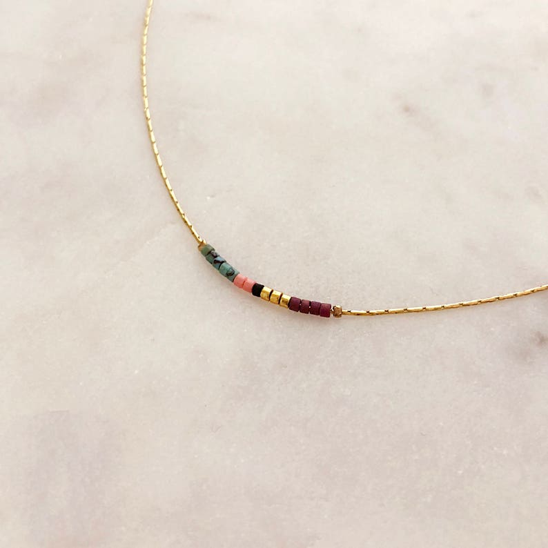 Thin Minimalist Gold Necklace with Tiny Beads, Delicate Dainty Short Layering Necklace, Colorful Simple Boho Necklace Lovely Gift for Her Plum & Turquoise