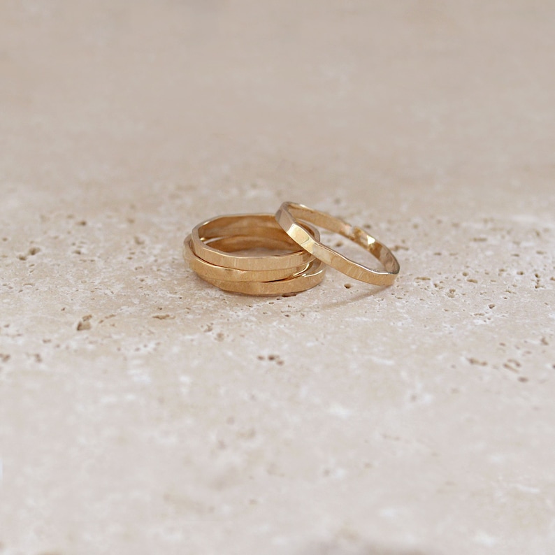 Dainty Gold Hammered Band Ring, Stackable Simple Delicate Thin Ring for Her, Textured Minimalist Everyday Band Stacking Ring Gift for Her 2 mm