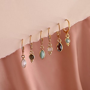 Aros bohemios con piedras preciosas, pendientes de aro con dije de piedra natal en oro, verde, blanco, gris o marrón, joyería bohemia de piedra lunar chapada en oro de 18 quilates, regalo para ella