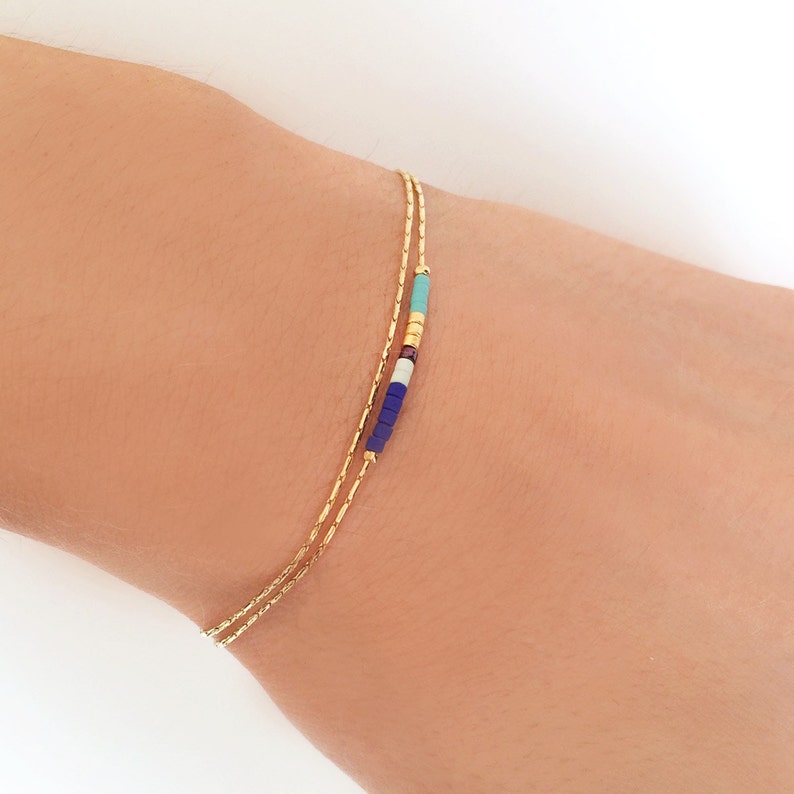 Minimalist Delicate Gold Bracelet with Blue & Turquoise Beads Etsy