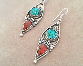 Turquoise & Coral Tibetan Silver Earrings, Boho Ethnic Mosaic Earrings