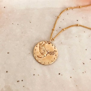 Gold Medal Peace Dove Coin Necklace, Minimalist Boho Layering Disc Necklace, Bird Pendant Bohemian Summer Necklace image 6