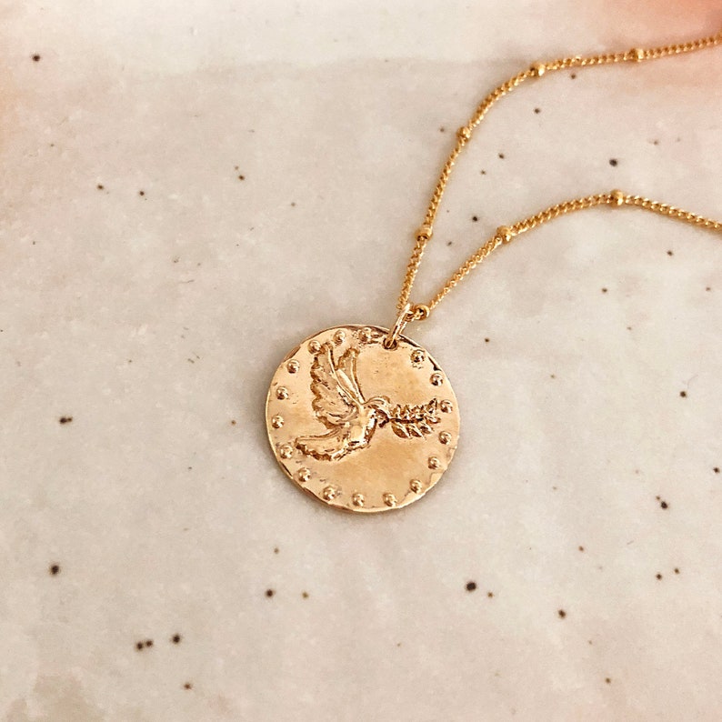 Gold Medal Peace Dove Coin Necklace, Minimalist Boho Layering Disc Necklace, Bird Pendant Bohemian Summer Necklace image 6
