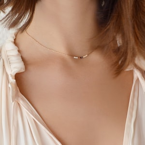 Dainty Rose Gold Beaded Necklace, 24k Goldplated Delicate & Elegant Minimalist Thin Short Layering Necklace