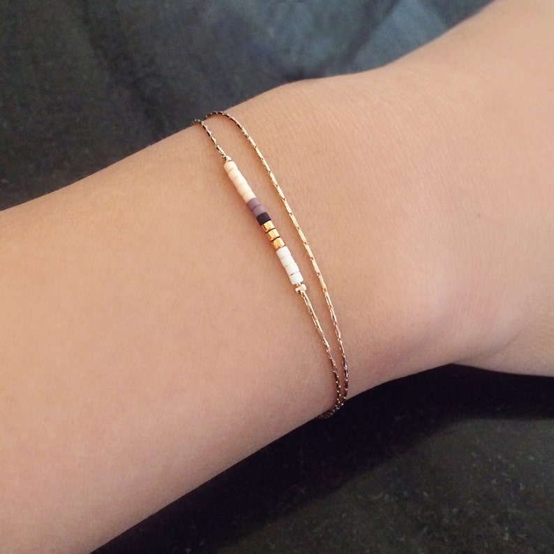 Dainty Rose Gold Bracelet with Small Beads, Boho Thin Beaded Chain Minimalist Jewelry, Delicate Elegant Gift For Her Peach & White