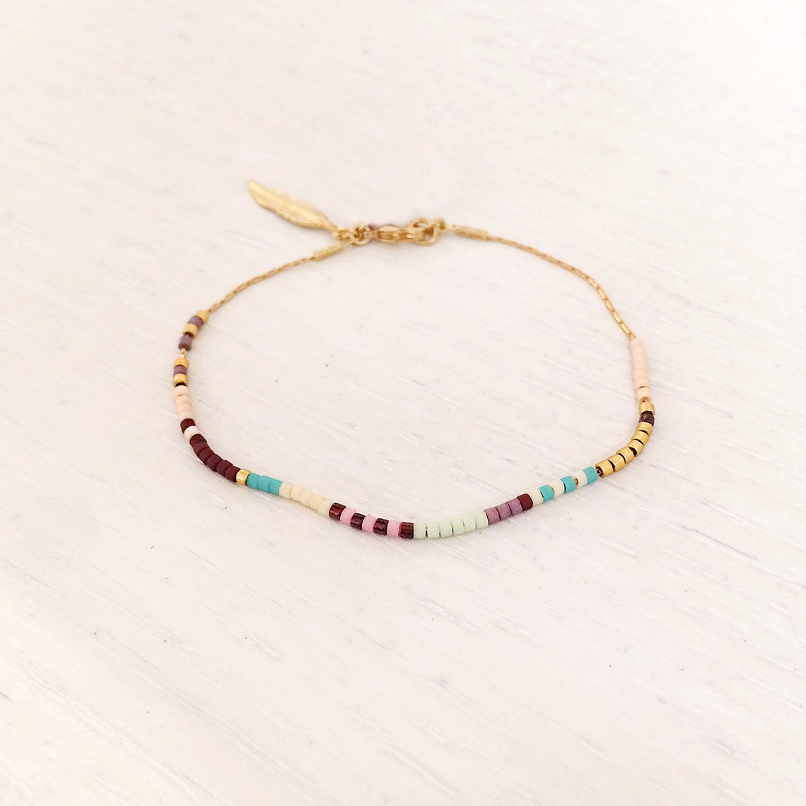 Delicate Thin Multicolor Bracelet With Feather Charm Brown - Etsy