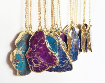 Gold Jasper Pendant Necklace // Boho Gypsy Long Gemstone Necklace // Colorful Stone Necklace