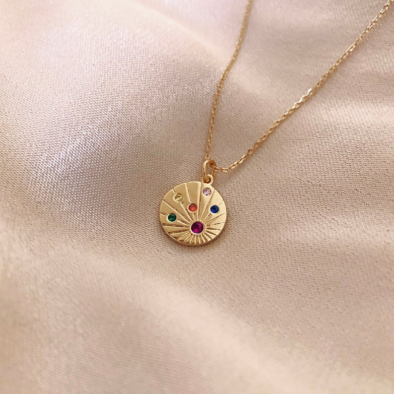 Multicolor CZ Gold Medal Necklace Boho Coin Layering Medallion Necklace Bohemian Engraved Pendant Charm Necklace Gift for Her