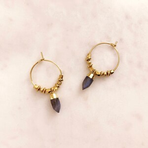 Labradorite Gold Hoop Earrings, Boho Grey Blue & Green Gemstone Round Earrings, Bohemian Trendy Hoops Modern Earrings with Gem Stones image 3