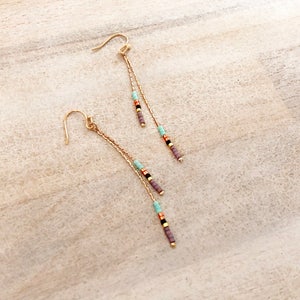 Rose Gold Minimalist Chain Earrings, Multicolor Beaded Elegant Dainty Jewelry Gift, Delicate Chain Everyday Earrings, Boho Dangle Ear Rings